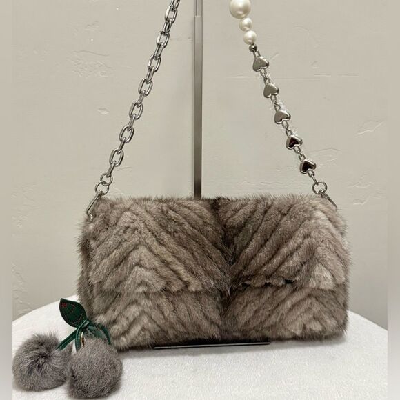 Gorgeous Real Mink Fur Handmade Zigzag Pattern Baguette Bag Multi Use Style